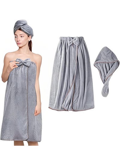 Buy Women's Microfiber Bath Towel,Adjustable Soft Wrap Dress with Bath Towel and Hood,Suitable for Wiping Body and Head After Shower(Gray) in Saudi Arabia