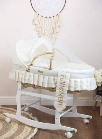 Buy Baby cradle Moses basket for children with mosquito net with white holder with wheels in Saudi Arabia