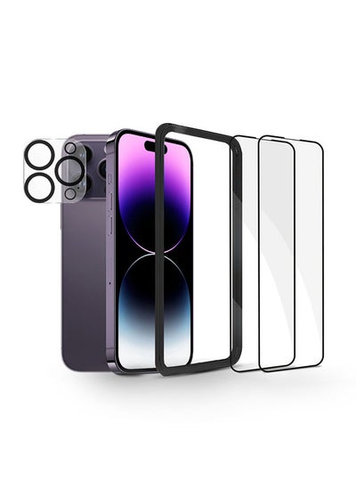 اشتري Tempered Glass with Lens Protector (4 Pack) for iPhone 14 Pro Max Screen ProtectorTempered Glass with Easy Installation Frame Full Coverage Case Friendly - Black في الامارات