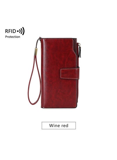 Buy RFID Anti-theft Swipe Ladies Wallet Long Waxed Leather Retro Wallet European And American Large Capacity Clutch Bag in Saudi Arabia