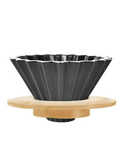 Buy Ceramic Coffee Dripper with Wood Stand Elegant Flower Shape V60 Filter for 2-4 Cups Coffee Filter V02 Dripper Black in Saudi Arabia