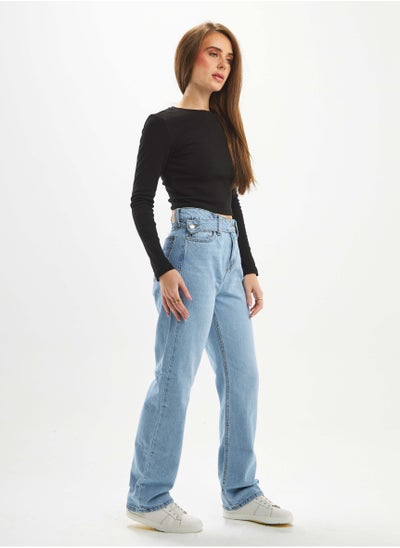 اشتري High-Waist Light Blue Shade Cross-Belt Slim Straight Leg Jeans. في السعودية