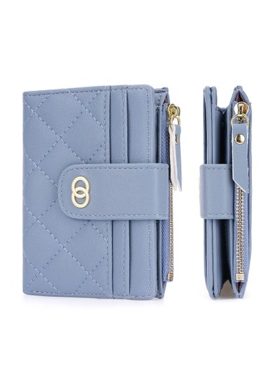 Buy Minimalist Small Zipper Wallets for Women, Slim Bifold PU Leather Credit Card Holder Wallets With ID Window, Blue in UAE