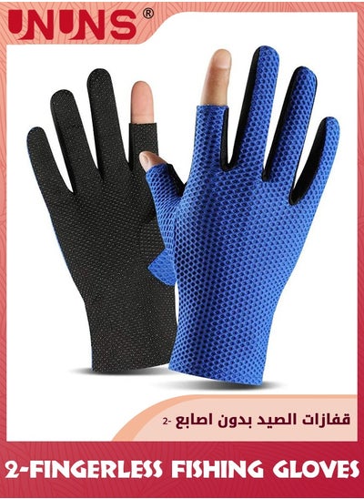 Buy Fishing Gloves,2-Fingerless Fishing Hunting Sport Running Bike Gloves,Sun Protection Gloves UV Protection,Non-Slip Gloves For Cycling Kayaking Driving Sailing Boating,Blue in UAE