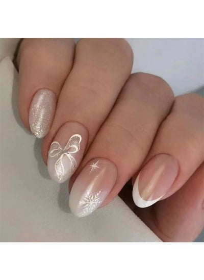 Buy Snowflake Bow Short Fake Nails 24Pcs in Saudi Arabia