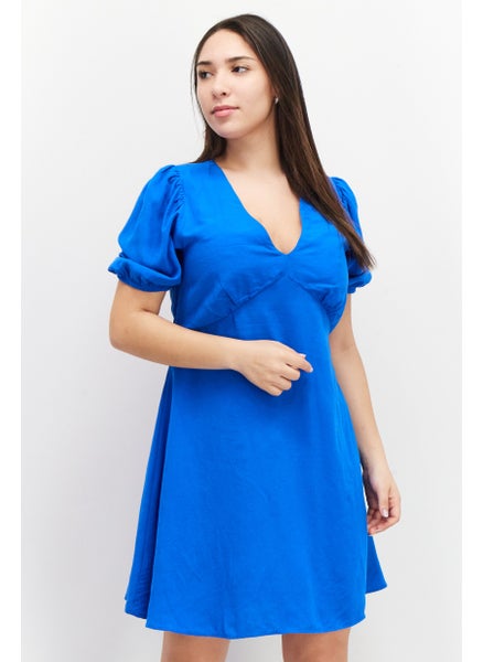 اشتري Women V-Neck Balloon Sleeves Textured Midi Dress, Blue في الامارات