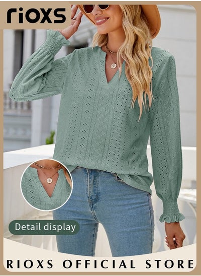 Buy Women's V-neck Long Sleeves Shirt Knitted Ruffle Cuff Solid Color Jacquard Tops Soft and Comfortable Pullover Shirt in Saudi Arabia