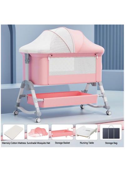 Buy 4 in1 Baby Bassinet, Adjustable Bedside Crib for 0-24 Months Baby, Rocking Bassinets Bedside Sleeper with Diaper Changing Station, Mosquito Net, Storage Basket, Memory Cotton Mattress,  Pink in Saudi Arabia