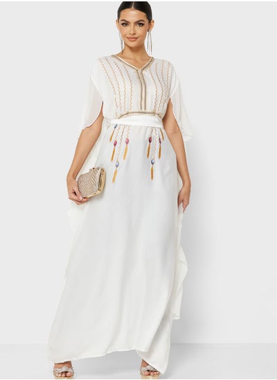 Buy Split Sleeve Belted Embroidered Dress in Saudi Arabia