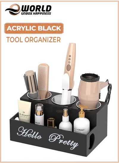 Buy Black Acrylic Hair Tools Organizer with 3 Stainless Steel Cups, Ultimate Solution for Stationery, Cosmetics, Toiletries and Vanity Accessories, Perfect for Home, Office, and Hotel. in UAE