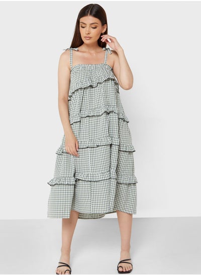 Buy Tie Shoulder Ruffle Detail Checked Dress in UAE