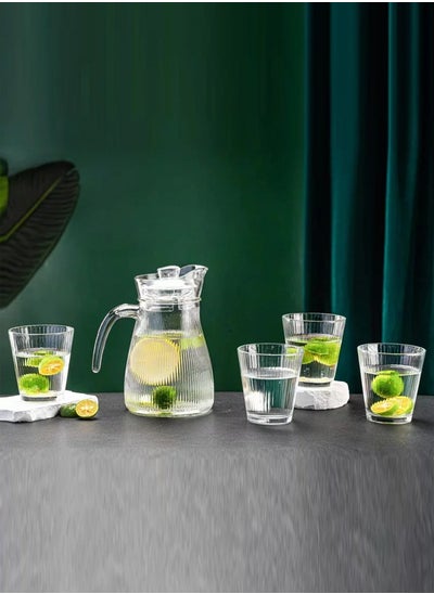 Buy Juice jug set for iced glass juice with a lid and 4 hot and cold cups, with a modern and attractive design, 260ml in Saudi Arabia