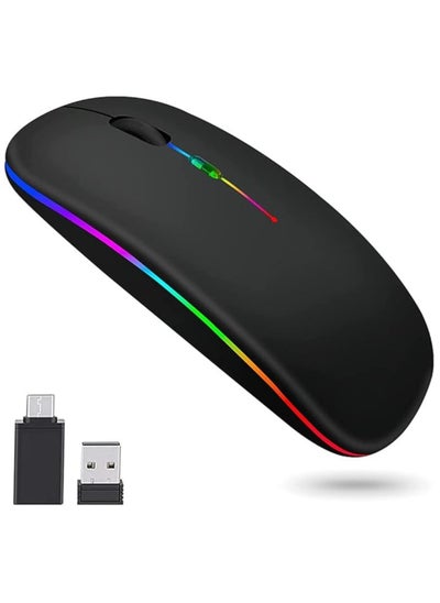 Buy Wireless Bluetooth Mouse, LED Slim Dual Mode (Bluetooth 5.1 + USB) 2.4GHz Rechargeable Portable Silent Mouse with Type C Adapter for Laptop/MacBook/iPad OS 13 and Above (Matte Black) in UAE