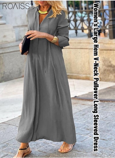 اشتري Women's Loose Casual Dress Solid Color Lapel Long Sleeve Design Classic V Neck Ankle Length Shirt Dress في الامارات