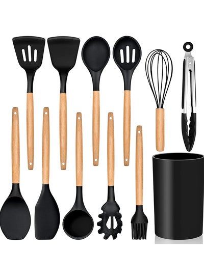 Buy 12-Piece Non-Stick Silicone Cooking Utensils Set Black 11 x 16 x 33cm in Egypt