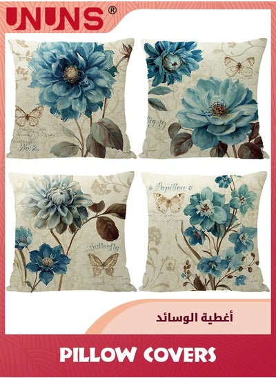 Buy Set Of 4 Linen Throw Pillow Covers,18x18 Inch Farmhouse Blue Flower Home Decor Pillowcases,Square Cushion Covers For Sofa Bed Couch Indoors in Saudi Arabia