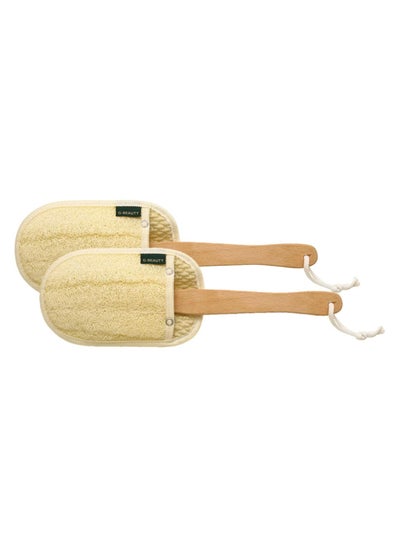 Buy G-Beauty Natural Oval Double Face Massage Loofah With Wooden Handle And Hock Strap For Bath Spa and Shower Set Of 2 Pieces - Beige in UAE