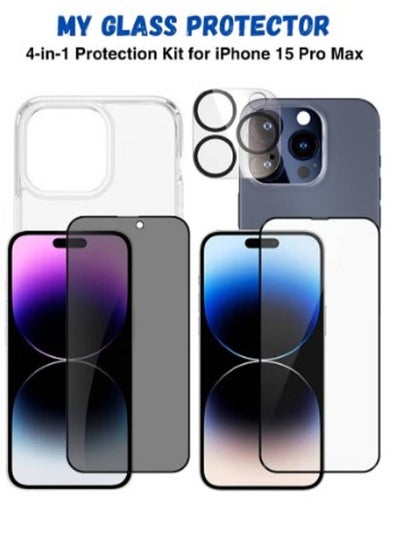 Buy 4 in 1 Package For iPhone 15 Pro Max - Screen Protector, Privacy Screen Protector , Camera Lens Protector and Case Cover in Saudi Arabia