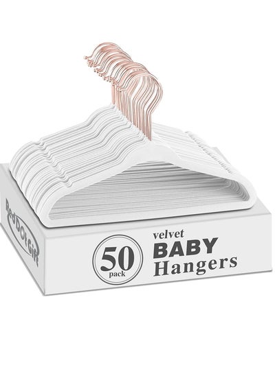 اشتري 50-Pack White Color Baby Velvet Hangers 11Inch - Nursery Clothes Hangers Non Slip Toddler Hangers, 360 Chrome Rose-Gold Hook. في الامارات