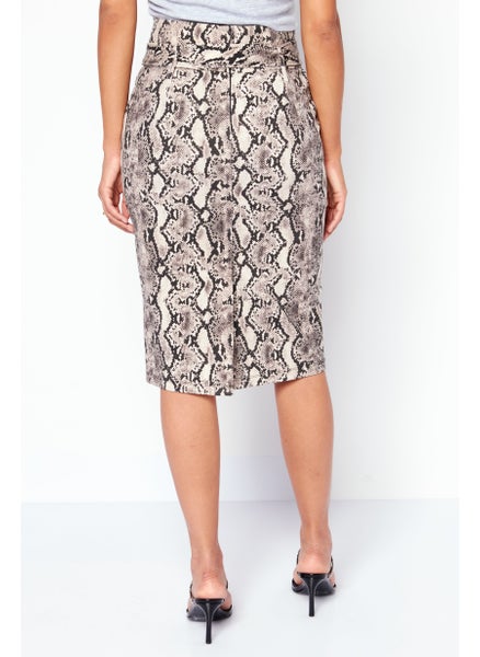 اشتري Women Snakeskin Belted Pencil Skirt, Black/Beige في الامارات