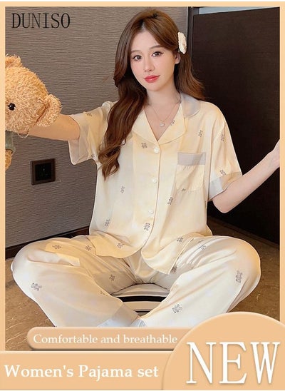 Buy 2-piece Women' s Pajama Sets Silk Satin Sleepwear Sweet Loungewear Nightwear Long Sleeve Notch Neck Shirt with Button Down and Waist Elastic Pants Pajama Set for Women Ladies Grils in UAE