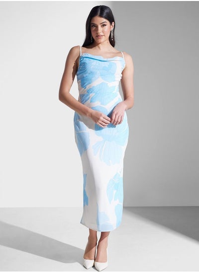 Buy Cowl Neck Printed Side Slit Dress in UAE