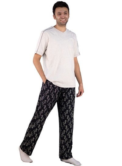 Buy Men Summer Pajama Set Plain Top V-Neck & Printed Bottom - Black in Egypt