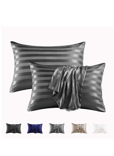 اشتري 2-Piece Stripe Silk Satin Pillow Case with Envelope Closure for Hair and Skin Grey في السعودية