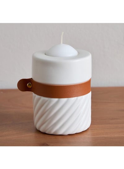 Buy Tilden Half Ribbed Ceramic Candleholder with PU Band 8.5 x 8.5 x 11 cm in Saudi Arabia