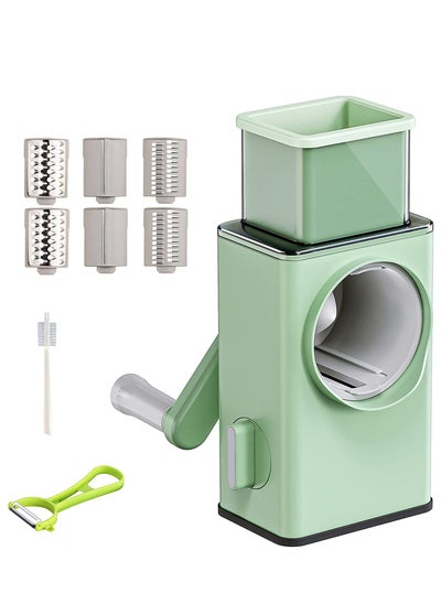 اشتري Rotary Vegetable Cutter + Cheese Grater - Vegetable Shredder Round Mandoline Slicer, Grater, Salad Maker - Large Feed Port - Suction Base - Vegetable, Fruit, Cookie, OREO, Nuts (Green) في الامارات