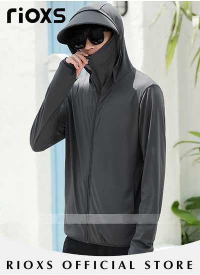 Buy Men's Upf 50+ UV Sun Protection Ice Silk Clothing Long Sleeve Breathable Shirt Lightweight Hoodie Zipper Outdoor Jacket Coat in Saudi Arabia