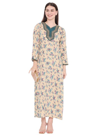 اشتري UNIQUE FLORAL PRINTED STYLISH NECK EMBROIDERY ARABIC KAFTAN JALABIYA DRESS في السعودية