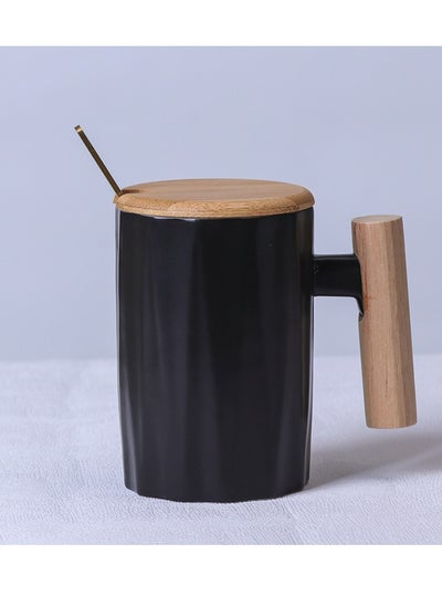 Buy Ceramic coffee mug with wooden lid, gift mug Black in UAE