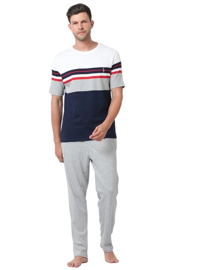 Buy Men's Cotton Pyjama Sets with Round Neck T-shirt in Navy & Grey Melange with Woven long pants in UAE