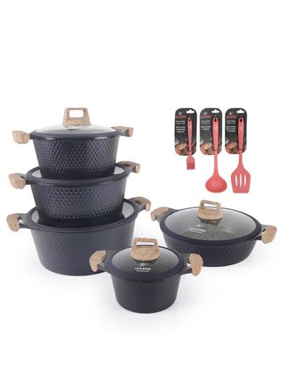 اشتري Cookware Set 13 pieces - LIFE SMILE Pots and Pans set Granite Non Stick Coating 100% PFOA FREE, Induction Base Cooking Set include Casseroles & Shallow Pot & Silicone Utensils في الامارات