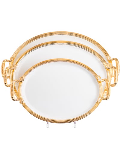 Buy metal serving trays set oval white and golden color in Saudi Arabia