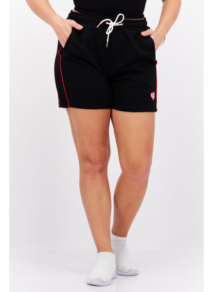 اشتري Women Heart Patch Side Pocket Drawstring Basic Shorts, Black/Red في الامارات