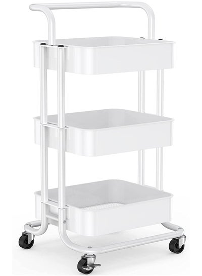 Buy 3 Tier Rolling Utility Cart With Handles And Lockable Wheels White in UAE