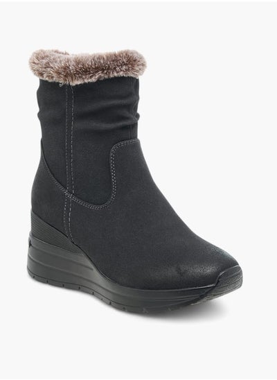 Buy Women's Plush Detail Ankle Boots with Zip Closure and Wedge Heels in UAE