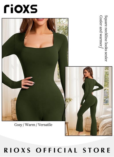 Buy Long Sleeve Jumpsuits for Women Square Neck Wide Leg Full Length Romper Playsuit in UAE