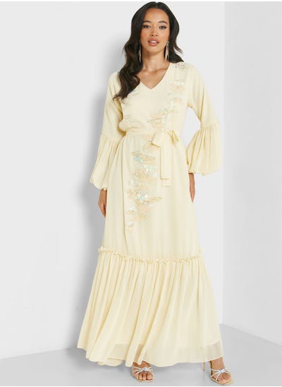 Buy Ruffle Sleeve Belted Dress in UAE