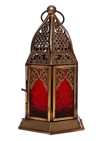 اشتري HILALFUL Handmade Decorative Candle Lantern, Small | Suitable for Indoor & Outdoor Décor | Moroccon Arabian Style | For Home Decoration in Ramadan, Eid | Iron | Islamic Gift | Red Glass في الامارات