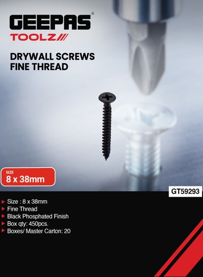 Buy Geepas Drywall Screws Fine Thread GT59293, Pack Of 450 Pieces, Black Phosphate Finish, Ideal For Wood Work, Fittings, DIY, Mechanic Work, General Maintenance in UAE