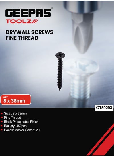 Buy Geepas Drywall Screws Fine Thread GT59293, Pack Of 450 Pieces, Black Phosphate Finish, Ideal For Wood Work, Fittings, DIY, Mechanic Work, General Maintenance in UAE