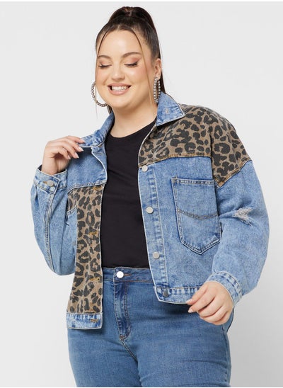 Buy Leopard Print Detail Denim Jacket in Saudi Arabia