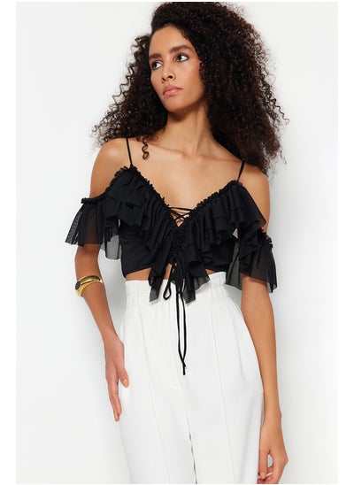 Buy Black Crop Knitted Frilly Blouse TPRSS23BZ00072 in Egypt