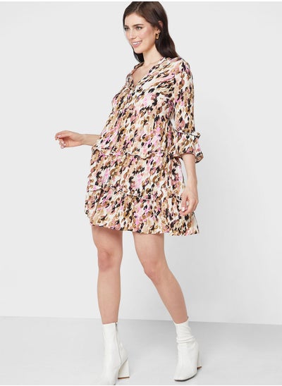 Buy Printed  V-Neck Ruffle Dress in Saudi Arabia