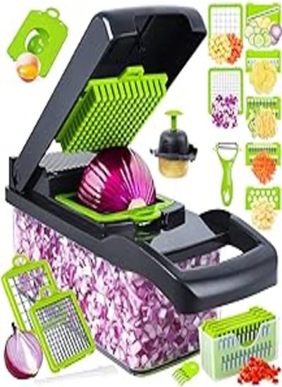 اشتري 16 in 1 Multifunctional Professional Onion Vegetable Chopper, Kitchen Vegetable Cutter with 8 Blades, Garlic Carrot Cutter with Container (Grey) في مصر