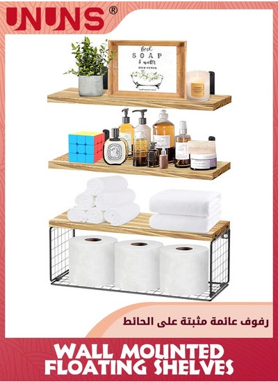 Buy Wall Mounted Floating Shelves,3Pcs Rustic Wood Bathroom Shelves Over Toilet with Paper Storage Basket,Farmhouse Floating Shelf For Wall Decor, Bedroom,Living Room,Kitchen in Saudi Arabia