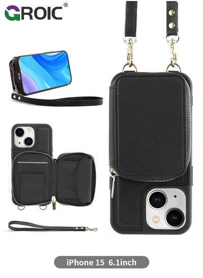 اشتري iPhone 15 Black Crossbody Wallet Case with Wrist Strap, Card Holder Phone Purse for Women, RFID Blocking Zipper Leather Cover for iPhone 15 في الامارات